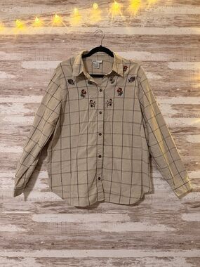 Alfred Dunner Beige Windowpane Embroidered Floral Button-Down